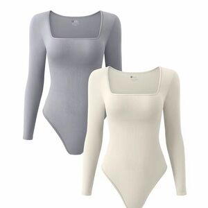 Women's Square Neck Bodysuit - Gray and Cream